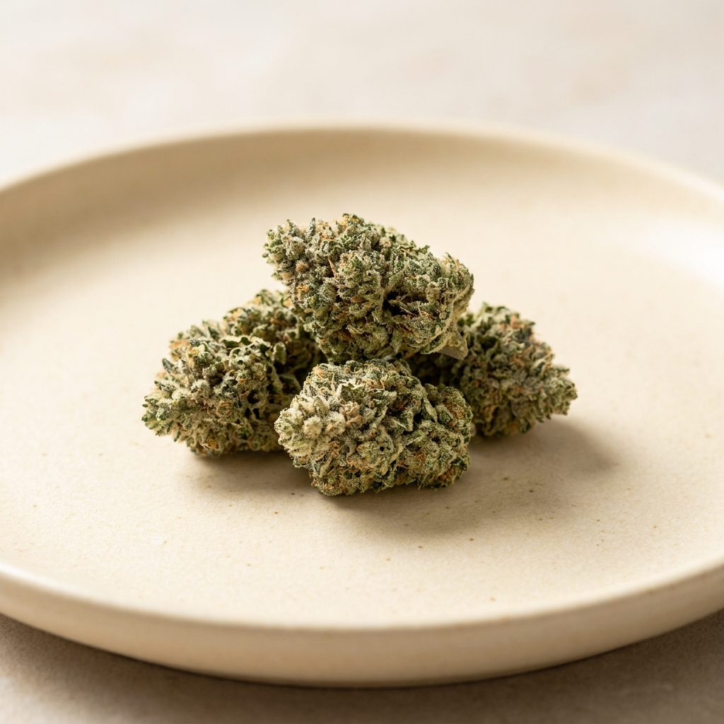 Premium hemp flower buds on a ceramic plate