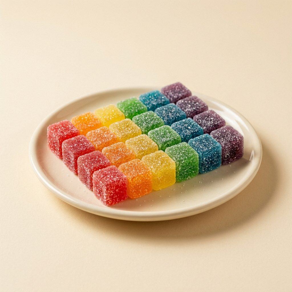 Colorful sugar-coated THC gummies on a plate