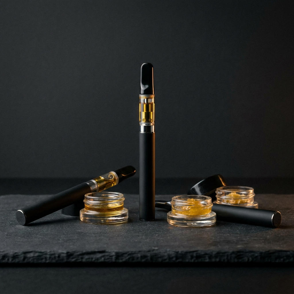 Sleek vape pens and golden concentrate jars on dark slate